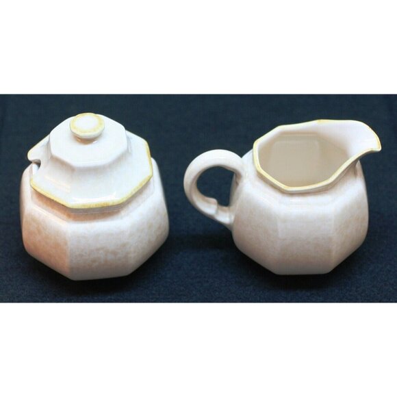 Mikasa Avante Ivory Fe 900 Sugar Bowl w Lid & Creamer Tan Octagon VTG 80s EUC - Picture 2 of 12